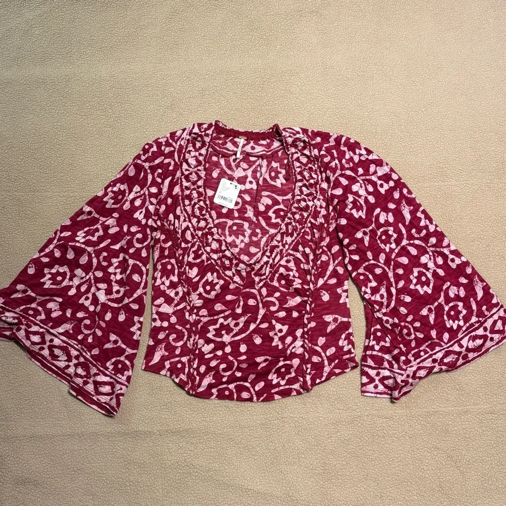 NWT Free People On the block Floral Red Top Shirt Women’s Medium